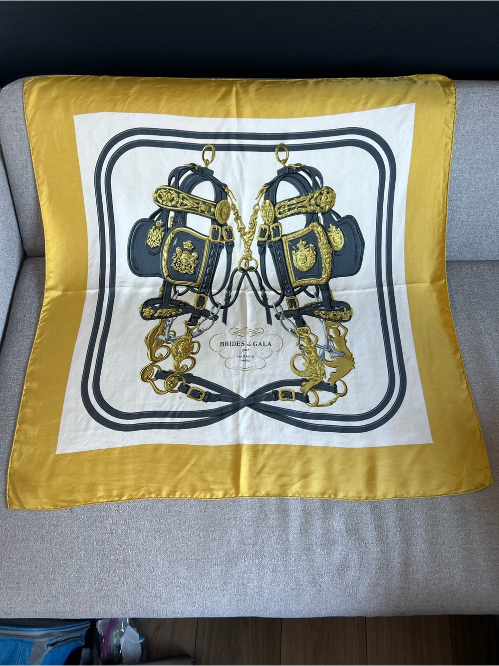 Hermes- Hermès Scarf, Vintage Silk Carré 90, “Brides de Gala” gold, cream, gray.